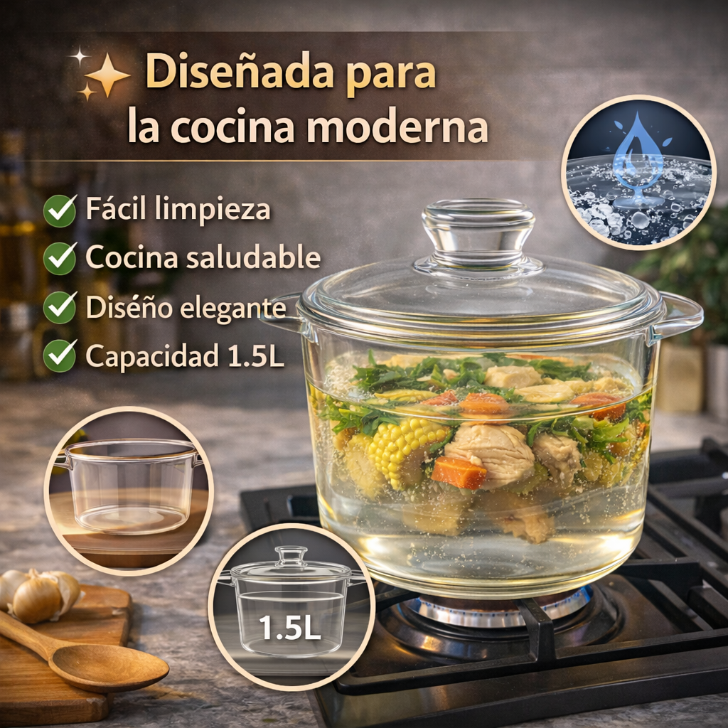 Diseñada para Cocinar de Forma Más Saludable - Olla De Vidrio 1.5 L